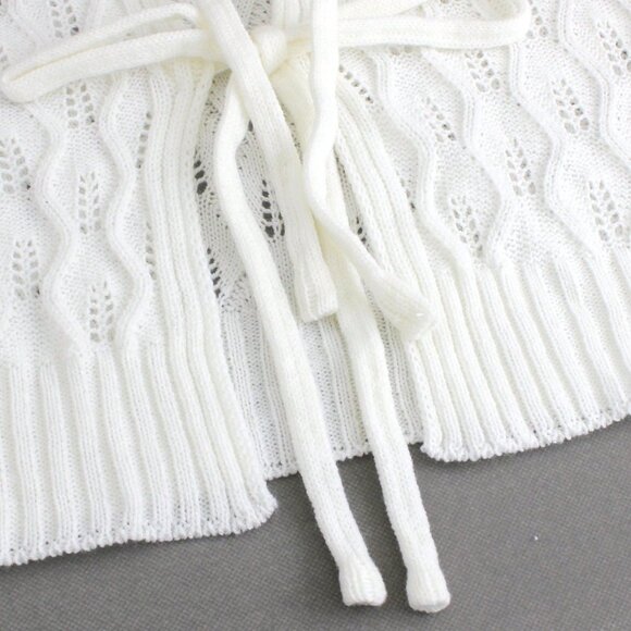 White Casual Women's Tie-Front Hollow-Out Long Sleeve Geometric Knit Cardigan - Picture 7 of 7